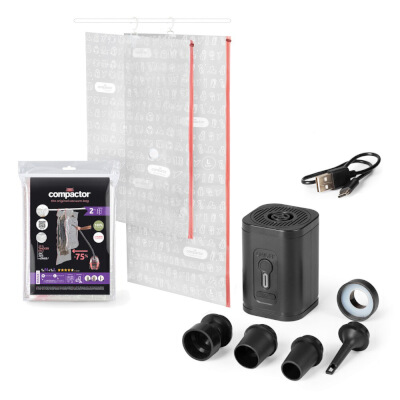 [RAN6293] SET DA VIAGGIO HANGER | POMPA ELETTRICA + 2 SET DA 2 SACCHI SALVASPAZIO CON GANCIO (MISURE MISTE)