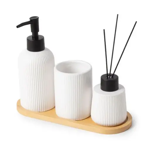 [RAN12130] RIGA 4PCS SET BATHROOM CERAMIC WITH BAMBOO TRAY, VANILLA WHITE